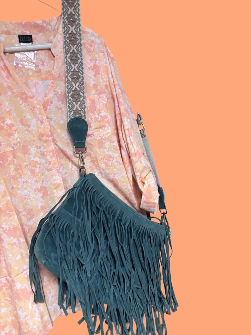 Fringed Suede Crossbody Bag with Patterned Strap - Teal